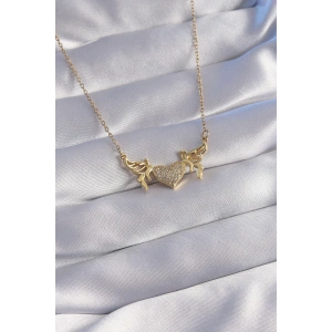 316L Çelik Zincir Gold Renk Zirkon Taşlı Kalp Model Kelebek Detay Kolye