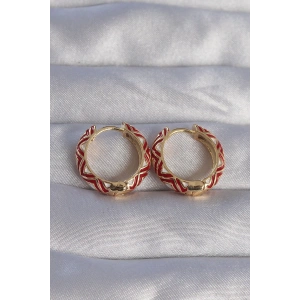 Pirinç Gold Renk Kırmızı Etnik Desenli Halka Küpe