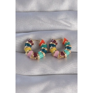 Pirinç Gold Renk Mineli Çok Renkli Kabartmalı Halka Küpe