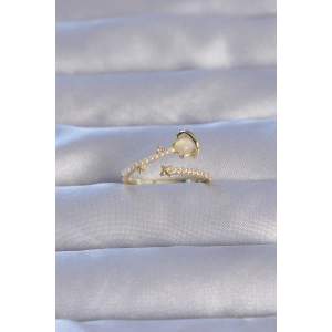 Pirinç Gold Renk Zirkon Taşlı İncili Satürn Model Ayarlanabilir Yüzük