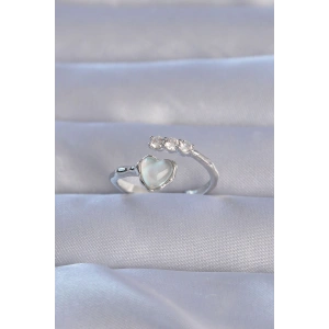 Pirinç Gümüş Renk Zirkon Taşlı Sedefli Kalp Model Ayarlanabilir Yüzük