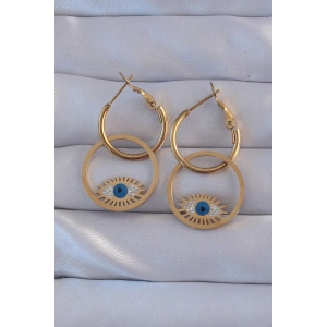 316L Çelik Gold Renk Zirkon Taşlı Mavi Göz Tasarımlı Halka Küpe