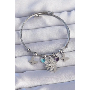 316L Çelik Gümüş Renk Zirkon Taşlı Kuş Tasarımlı Kelebek Detay Charm Bileklik