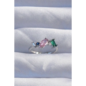 Pirinç Gümüş Renk Renkli Zirkon Taşlı Ayarlanabilir Yüzük