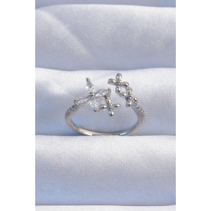 Pirinç Gümüş Renk Zirkon Taşlı Çiçek Model Ayarlanabilir Yüzük