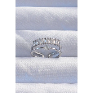 Pirinç Gümüş Renk Sedefli Zirkon Taşlı Su Yolu Model 2li Görünüm Ayarlanabilir Yüzük