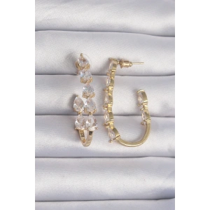 Pirinç Gold Renk Damla Zirkon Taş Tasarımlı Küpe