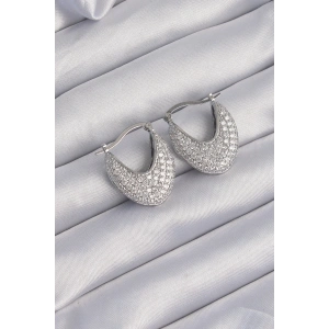 Pirinç Gümüş Renk Zirkon Taşlı Badem Model Küpe