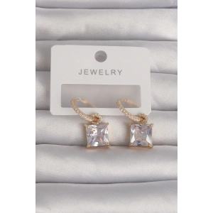 Pirinç Gold Renk Kare Zirkon Taşlı Halka Küpe