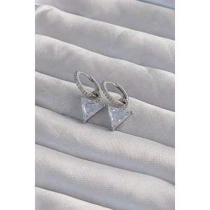 Pirinç Gümüş Renk Üçgen Zirkon Taşlı Sallantılı Halka Küpe