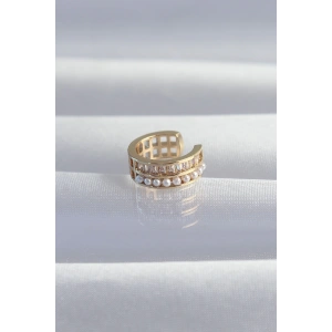 Pirinç Gold Renk İncili Baget Taşlı Earcuff Küpe