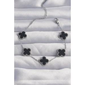 316L Çelik Gümüş Renk Siyah Mineli Yonca Bileklik