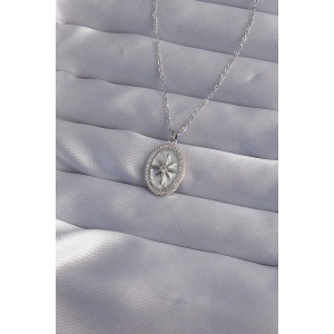 316L Çelik Zincir Gümüş Renk Zirkon Taşlı Kabartmalı Kutup Yıldızı Kolye