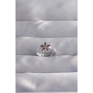 Pirinç Gümüş Renk Renkli Zirkon Taşlı Ayarlamalı Yüzük