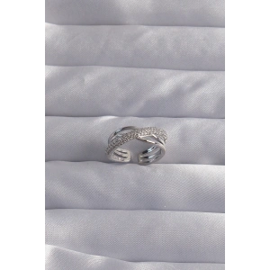 Pirinç Ayarlamalı Gümüş Renk Zirkon Taşlı Çapraz Görünüm Yüzük