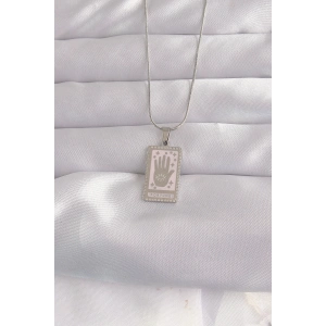 316L Çelik Gümüş Renk Pembe Mineli El Figür Tarot Kolye