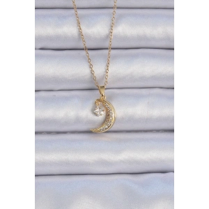 316L Çelik Zincir Altın Renk Zirkon Taşlı Sallantılı Ay Yıldız Kolye