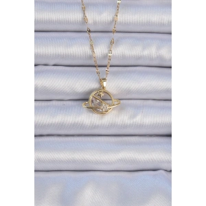 316L Çelik Zincir Altın Renk Zirkon Taşlı Yıldızlı Satürn Kolye