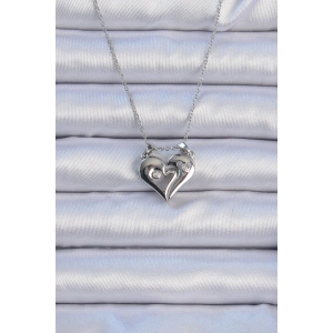 316L Çelik Zincir Gümüş Renk Zirkon Taşlı Mıknatıslı Kalp Kolye