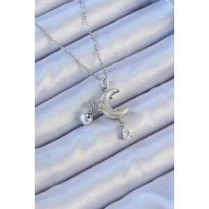 316L Çelik Zincir Gümüş Renk Zirkon Taşlı Kelebekli Mineli Ay Kolye