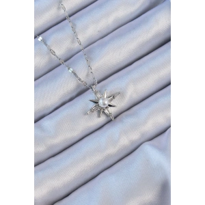 316L Çelik Zincir Gümüş Renk Baget Taşlı İnci Detay Kutup Yıldızı Kolye