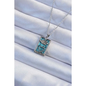 316L Çelik Zincir Gümüş Renk Zirkon Taşlı Mavi Mermer Desenli Taç Model Tarot Kolye