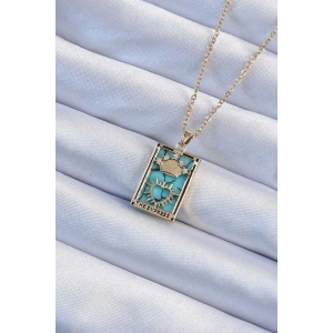 316L Çelik Zincir Altın Renk Zirkon Taşlı Mavi Mermer Desenli Taç Model Tarot Kolye