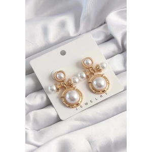 Pirinç Gold Renk İnci Taşlı Motifli Küpe