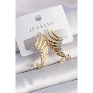 Pirinç Gold Renk Zirkon Taşlı Kanat Model Kadın Küpe