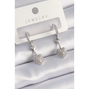 Pirinç Gümüş Renk Zirkon Taşlı Sallantı Kalp Model Kadın Küpe