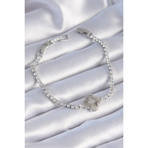 Pirinç Gümüş Renk Zirkon Taşlı Yonca Model Kadın Bileklik