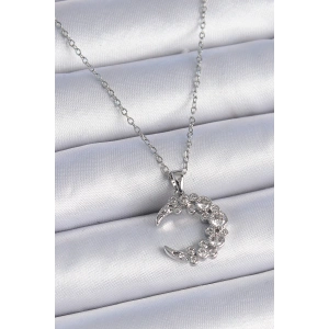 316L Çelik Zincir Gümüş Renk Zirkon Taşlı Hilal Model Kadın Kolye