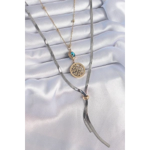 316L Çelik Mix Renk Filiz Figür Nazar Boncuk Detay Uzun Kadın Kolye