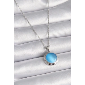 316L Çelik Gümüş Renk Mavi Sedefli Daire Model Kadın Kolye