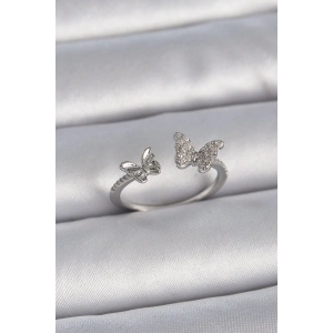 Pirinç Gümüş Renk Ayarlanabilir Zirkon Taşlı Kelebek Model Kadın Yüzük