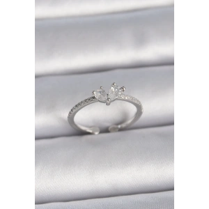 Pirinç Gümüş Renk Ayaralanabilir Zirkon Taşlı Kalp Model Kadın Yüzük