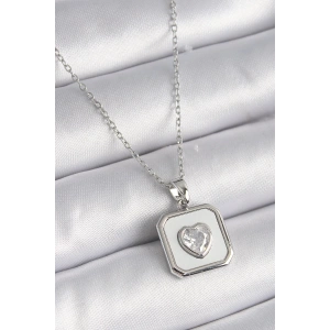 316L Çelik Gümüş Renk Kare Madalyon Kalp Zirkon Taş İşleme Kadın Kolye