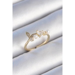 Pirinç Gold Renk Zirkon Taşlı Kalp Yaprak Model İnci Detay Kadın Yüzük