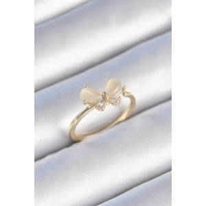 Pirinç Gold Renk Beyaz Mineli Zirkon Taşlı Kelebek Model Kadın Yüzük