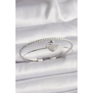 Pirinç Gümüş Renk Zirkon Taşlı Kuğu Model Kadın Bileklik