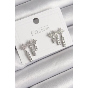 Pirinç Gümüş Renk Zirkon Taşlı 3Lü Sallantı Yıldız Model Kadın Küpe