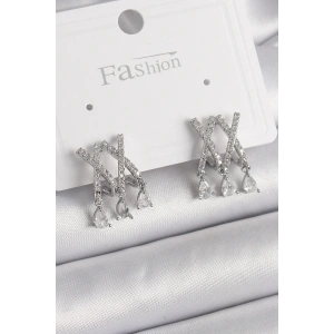 Pirinç Gümüş Renk Zirkon Taşlı X Model Sallantı Detay Kadın Küpe