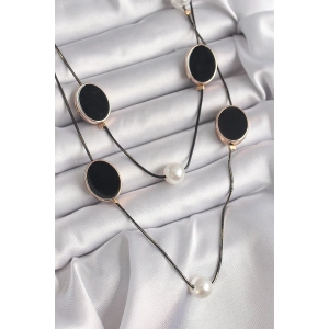 Pirinç Siyah Renk Zincir İnci Detaylı Çoklu Kadın Kolye