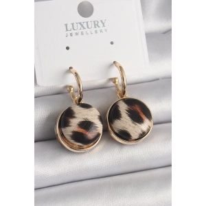 Pirinç Gold Renk Leopar Desenli Daire Model Kadın Küpe