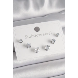 316L Çelik Gümüş Renk Zirkon Taşlı Yıldız Model Kadın Küpe Seti