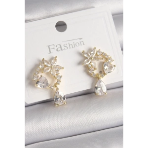 Pirinç Gold Renk Zirkon Taşlı Çiçek Model Sallantı Damla Detay Kadın Küpe