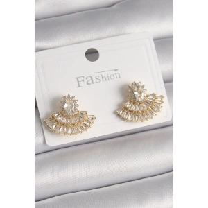 Pirinç Gold Renk Zirkon Taşlı Yelpaze Model Kadın Küpe