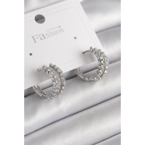 Pirinç Gümüş Renk Zirkon Taşlı Halka Model Kadın Küpe