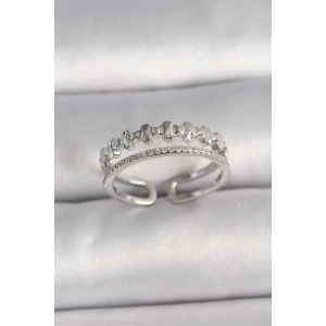 Pirinç Gümüş Renk Zirkon Taş Detaylı Ayarlanabilir Kadın Yüzük