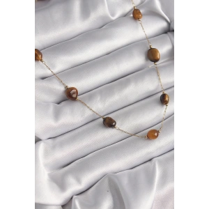 316L Çelik Gold Renk Zincir Kahvrengi Doğaltaş Model Kadın Kolye